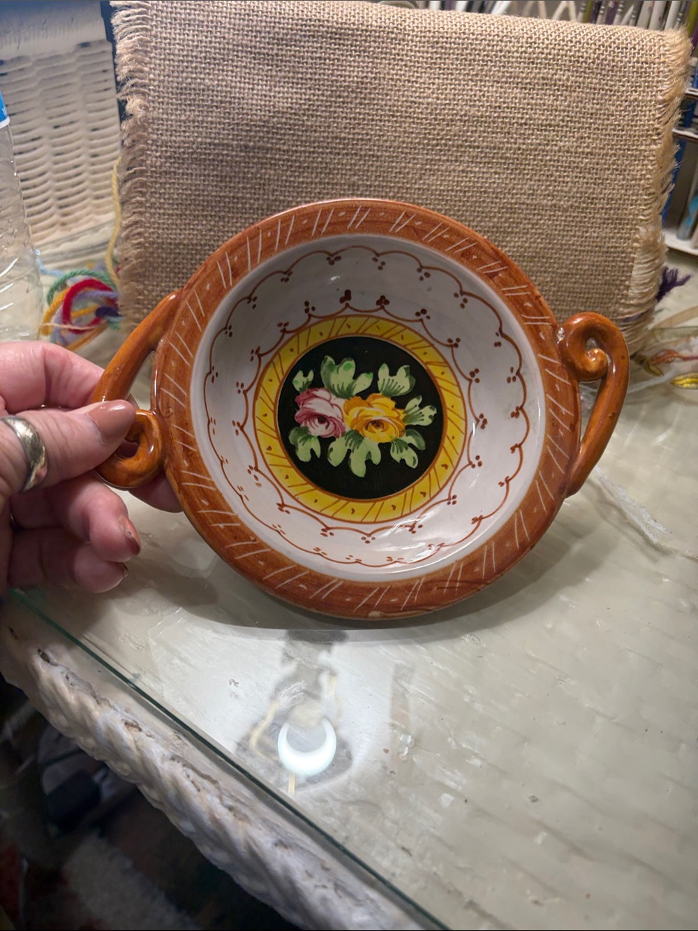 Hand-Painted Floral Ceramic Bowl in Orange and White